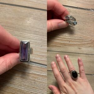 Elegant Sterling Silver Purple, onyx and blue topaz adjustable Ring set (3)
